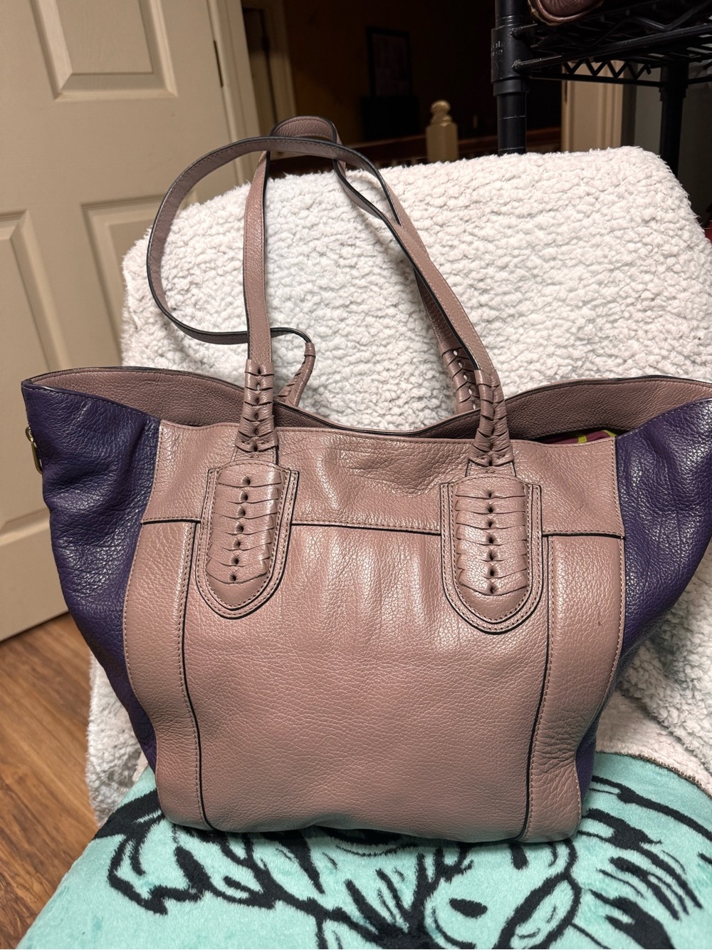 orYANY Two-Tone Leather Shoulder Tote in Mauve and Plum